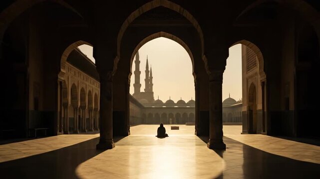 A lone figure praying in a mosque at sunset, with minarets in the background, evoking peace and spirituality.