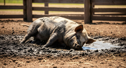 A muddy pig enjoying a wallow in a farmyard, with wooden fencing and green grass in the background
