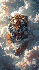 Majestic Tiger Roaring Amidst Dreamy Clouds - A Powerful Artistic Depiction.