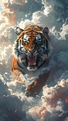 Majestic Tiger Roaring Amidst Dreamy Clouds - A Powerful Artistic Depiction. © Jarot