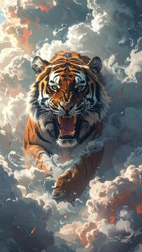 Majestic Tiger Roaring Amidst Dreamy Clouds - A Powerful Artistic Depiction.