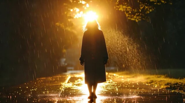 Silhouette of a person walking on a wet path in front of a bright sun