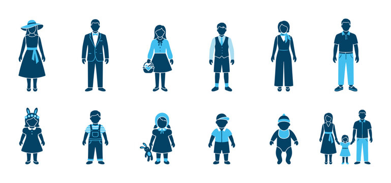 Diverse collection of blue people icons representing family members of different ages and genders in various clothing styles, including formal wear, casual outfits, and children's costumes