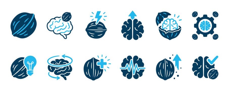 Collection of blue walnut and brain icons representing intelligence, mental health, brainstorming, and cognitive function with minimalist vector symbols for ideas and improvement