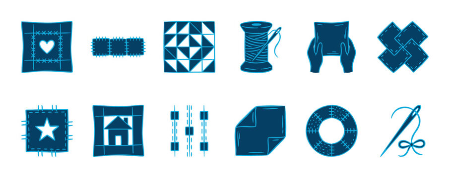 Set of blue hand-drawn quilting icons featuring quilt blocks, patches, a needle, and thread in a simple graphic doodle style for crafting and hobby concepts
