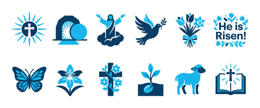 Collection of blue religious Easter icons representing Christian faith and resurrection with symbols like the cross, empty tomb, ascending Jesus, lamb, and dove in a flat vector style