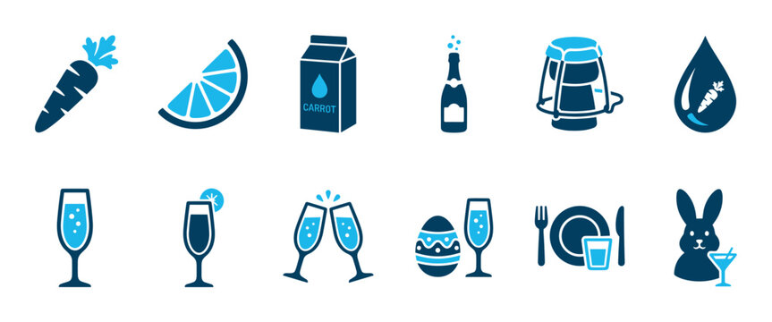 Set of blue food, drink, and Easter celebration icons including a carrot, bunny, decorated egg, champagne, and beer presented in a minimalist flat vector illustration