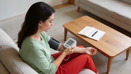 Woman checking blood pressure at home