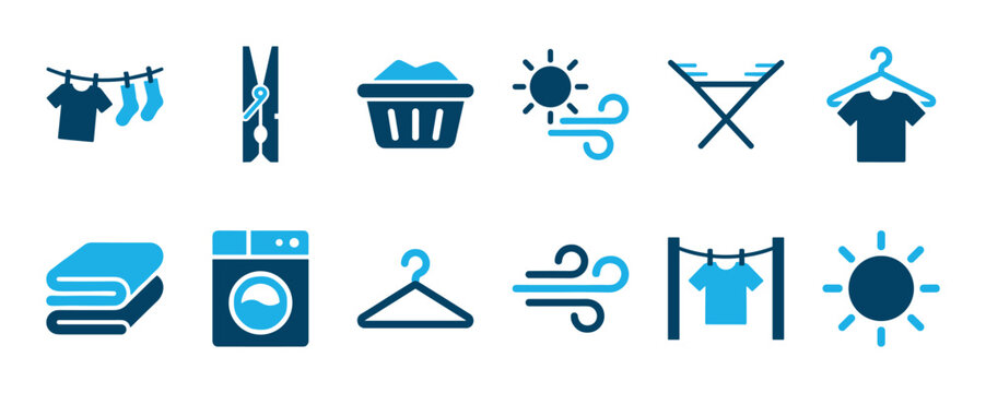Set of blue laundry icons for washing and drying clothes, including a washing machine, clothesline, hanger, and basket, presented in a clean, minimalist graphic style