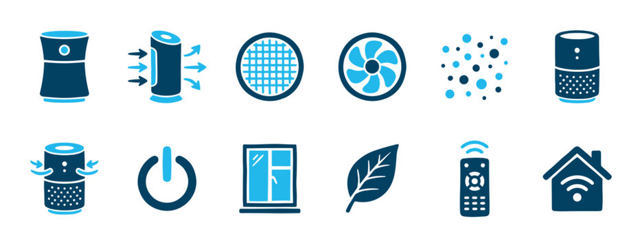 Blue and black air purifier icon set for smart home technology, representing ventilation, filtration, fan speed, and clean air concepts in a minimalist glyph style