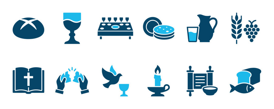 Collection of blue religious icons representing Christian and Jewish faith, including symbols for the Eucharist, Last Supper, Passover, bread, wine, fish, dove, and the Bible