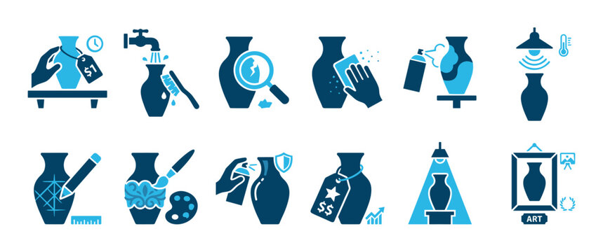 Set of blue glyph icons showing the process of art restoration, valuation, and conservation of a ceramic vase, including cleaning, painting, and appraisal for investment