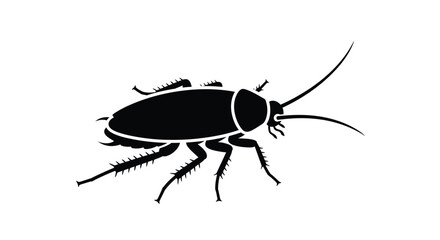 A detailed black silhouette of a cockroach crawling on a surface