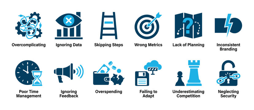 Set of blue business mistake icons showing common pitfalls like poor time management, overspending, and lack of planning, presented in a flat vector infographic style