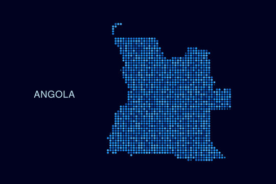 Angola Map - Blue Dotted Halftone Vector Illustration on Dark Navy Background, Abstract Circle Grid Silhouette Design for Infographic and Modern Presentation Use.