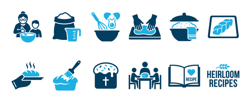 Set of blue graphic icons illustrating the process of baking traditional bread from an heirloom family recipe, showing mixing, kneading, rising, and sharing the meal