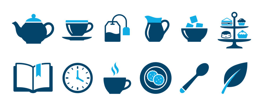 Collection of blue tea time icons including a teapot, cup, clock, book, and cake stand, representing a relaxing break with hot drinks and snacks in a flat vector graphic style