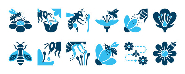 Fototapeta premium These detailed two-tone vector icons illustrate the natural process of bee and hand pollination, showcasing various stages of collecting nectar and transferring pollen