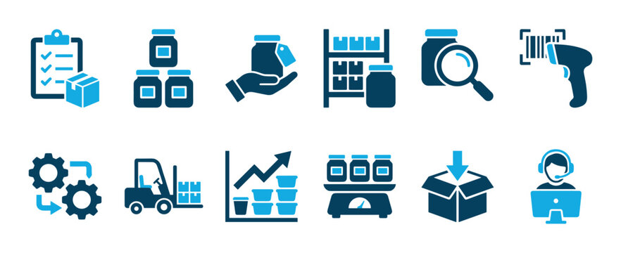 Set of blue two-tone icons representing warehouse management, logistics, and supply chain concepts, including symbols for inventory, forklift, barcode scanner, shipping, and customer support