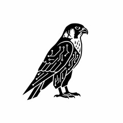 Fototapeta premium Black and white falcon with circuit board pattern on its body.