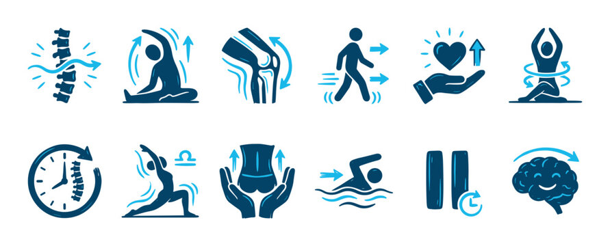 Twelve blue and light blue health and wellness icons illustrate various physical and mental well-being concepts, featuring spine, knee, heart, core, and brain health, plus stretching, walking,swimming