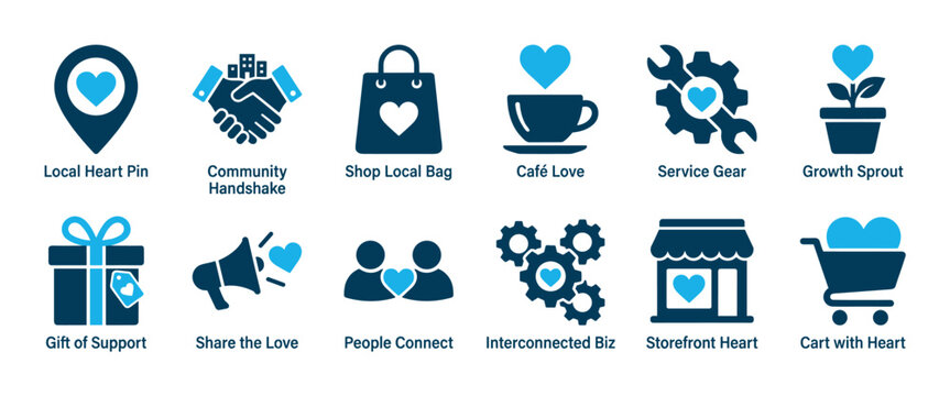 Collection of ten blue and white flat icons representing community, local business support, connection, and social responsibility, featuring heart symbols within each graphic