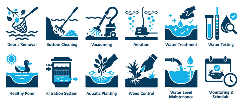 Comprehensive collection of blue and dark blue pond maintenance icons detailing essential processes like cleaning, aeration, water treatment, testing, planting, and scheduling,flat graphic style