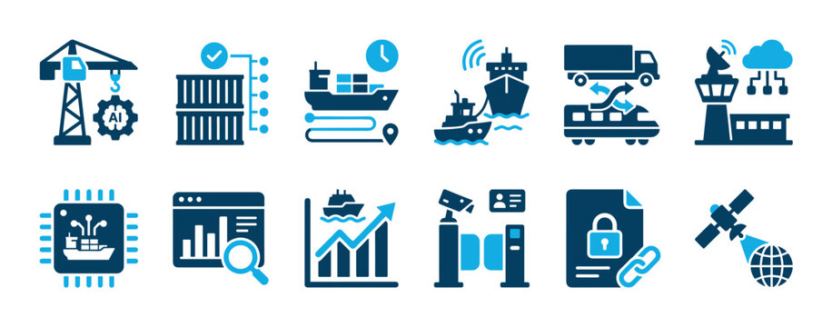 Modern logistics and supply chain management icon set depicts various aspects of global transportation, data analysis, security, and artificial intelligence in a clear, illustrative style