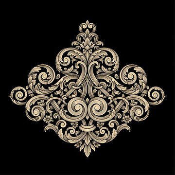 Elegant baroque scrollwork with intricate acanthus leaf details, a symmetrical ornate flourish on a black background, representing classic design