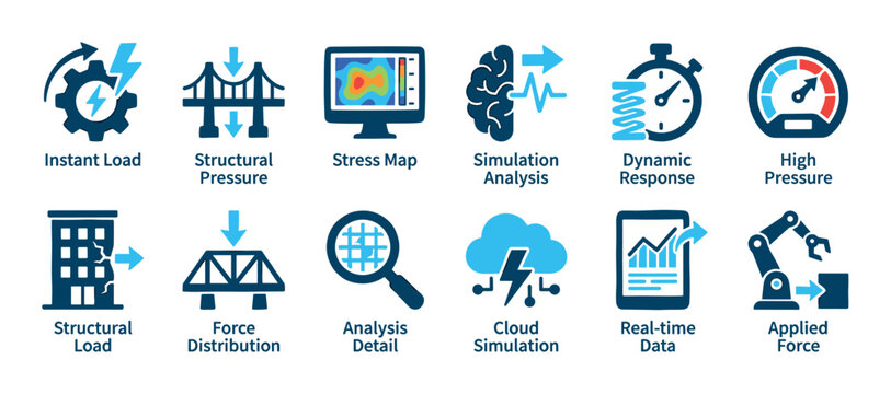 Collection of flat vector icons illustrating engineering concepts such as structural pressure, force distribution, real-time data, and cloud simulation in a modern two-color design