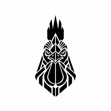 Stylized geometric black rooster head logo design with sharp lines.