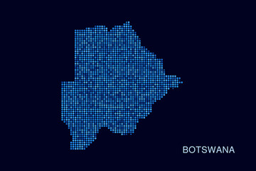 Obraz premium Botswana Map - Blue Dotted Halftone Vector Illustration on Dark Navy Background, Abstract Circle Grid Silhouette Design for Infographic and Modern Presentation Use.