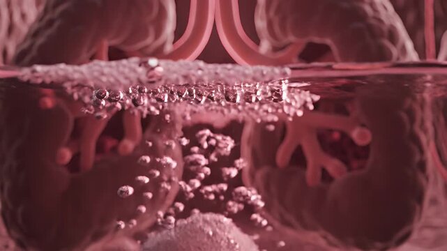 Close Up 3d Animation of Human Lungs With Water Bubbles And Red Filter Lighting For Medical And Scientific Concepts