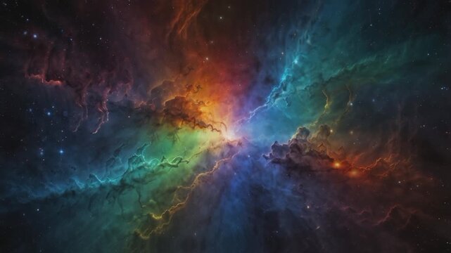 A dramatic view of an interstellar nebula with a central composition. The bright light in the center creates a backlighting effect on the thick cloud of dust and gas.