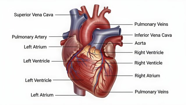 Realistic human heart anatomy illustration labeling left and right atria and ventricles, aorta, pulmonary arteries and veins, and vena cavae, providing a clear overview of cardiac chambers and great v