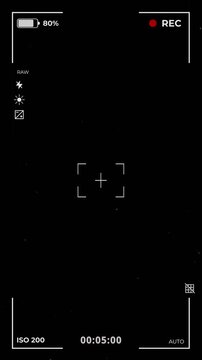 4K vertical camera screen recording overlay with glitch effects, scratches, dust, noise, and running timer on black background.