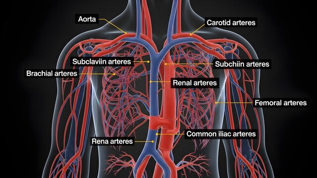 Upper‑body cardiovascular anatomy diagram highlighting aorta, carotid, subclavian, brachial, renal and common iliac arteries, with red arteries and blue veins, explaining major blood supply routes to 