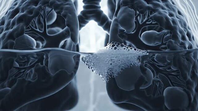 Close-up microscopic view of human lungs with fluid buildup and air bubbles during respiration process medical animation