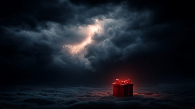 A red gift box with a glowing ribbon, surrounded by clouds and illuminated by lightning