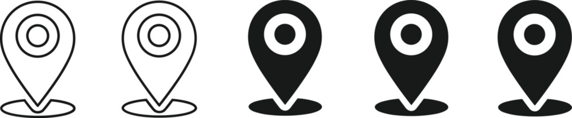 Set of location map pin icons in outline and solid black styles representing geographic positioning navigation waypoints destination markers and professional GPS tracking system symbols © Khademul