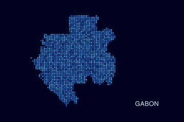 Fototapeta premium Gabon Map - Blue Dotted Halftone Vector Illustration on Dark Navy Background, Abstract Circle Grid Silhouette Design for Infographic and Modern Presentation Use.
