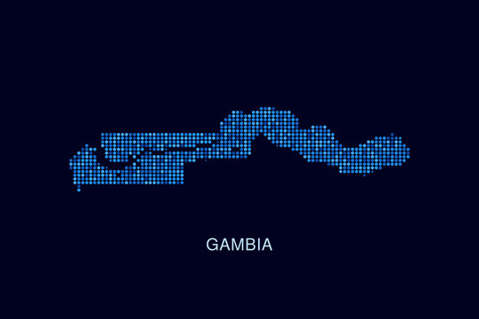 Gambia Map - Blue Dotted Halftone Vector Illustration on Dark Navy Background, Abstract Circle Grid Silhouette Design for Infographic and Modern Presentation Use.