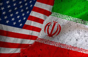 Geopolitical Tension Between United States and Iran. Iranian and American flags on a broken wall © YanlethRivera