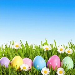 Colorful Easter eggs nestled in lush green grass, surrounded by white daisies and small wildflowers