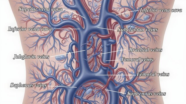 Posterior torso venous anatomy illustration showing inferior and superior vena cava, azygos system, jugular and subclavian veins with branching networks, highlighting pathways returning deoxygenated b