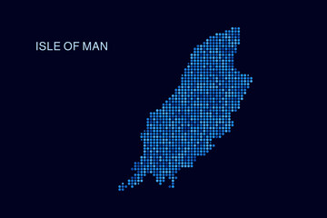 Obraz premium Isle of Man Map - Blue Dotted Halftone Vector Illustration on Dark Navy Background, Abstract Circle Grid Silhouette Design for Infographic and Modern Presentation Use.