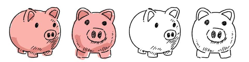 Set editable sketch drawing piggy bank vector for financial blogs. Ideal for symbolizing personal savings, sketchy budget plans, and rough economy. © Taliax