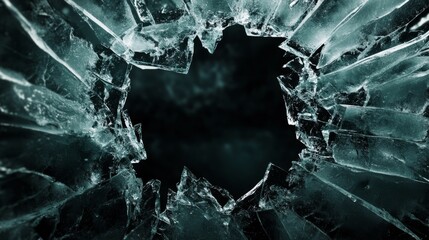 Shattered ice hole reveals dark background and abstract texture of clear fragments in an unknown environment