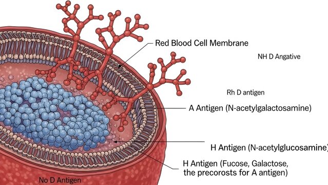 Labeled molecular illustration of A positive red blood cell membrane showing branched carbohydrate chains with A antigen, H antigen precursor, fucose and galactose sugars plus Rh D antigen embedded in