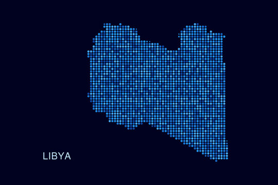 Libya Map - Blue Dotted Halftone Vector Illustration on Dark Navy Background, Abstract Circle Grid Silhouette Design for Infographic and Modern Presentation Use.